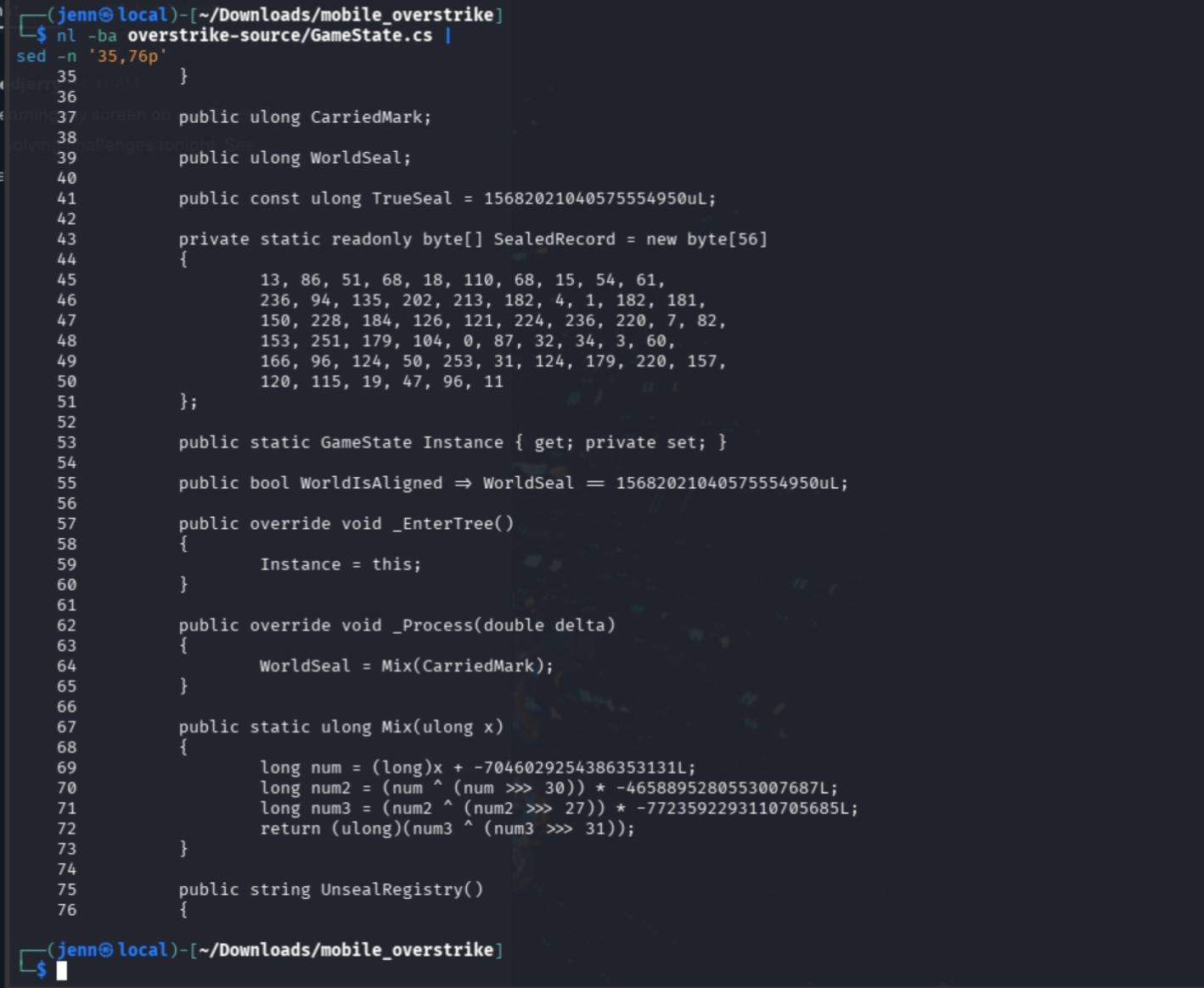 GameState.cs showing CarriedMark, WorldSeal, TrueSeal constant, and Mix() call in _Process